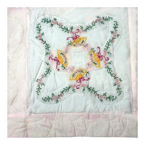 Vintage Hand-Embroidered Fan Quilt Pink White Floral Patchwork Cotton Twin READ